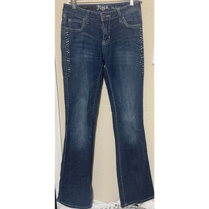 Y2K Wrangler Rock 47 Low Rise Blue Jeans Women’s Studded Flare rhinestone 4/27